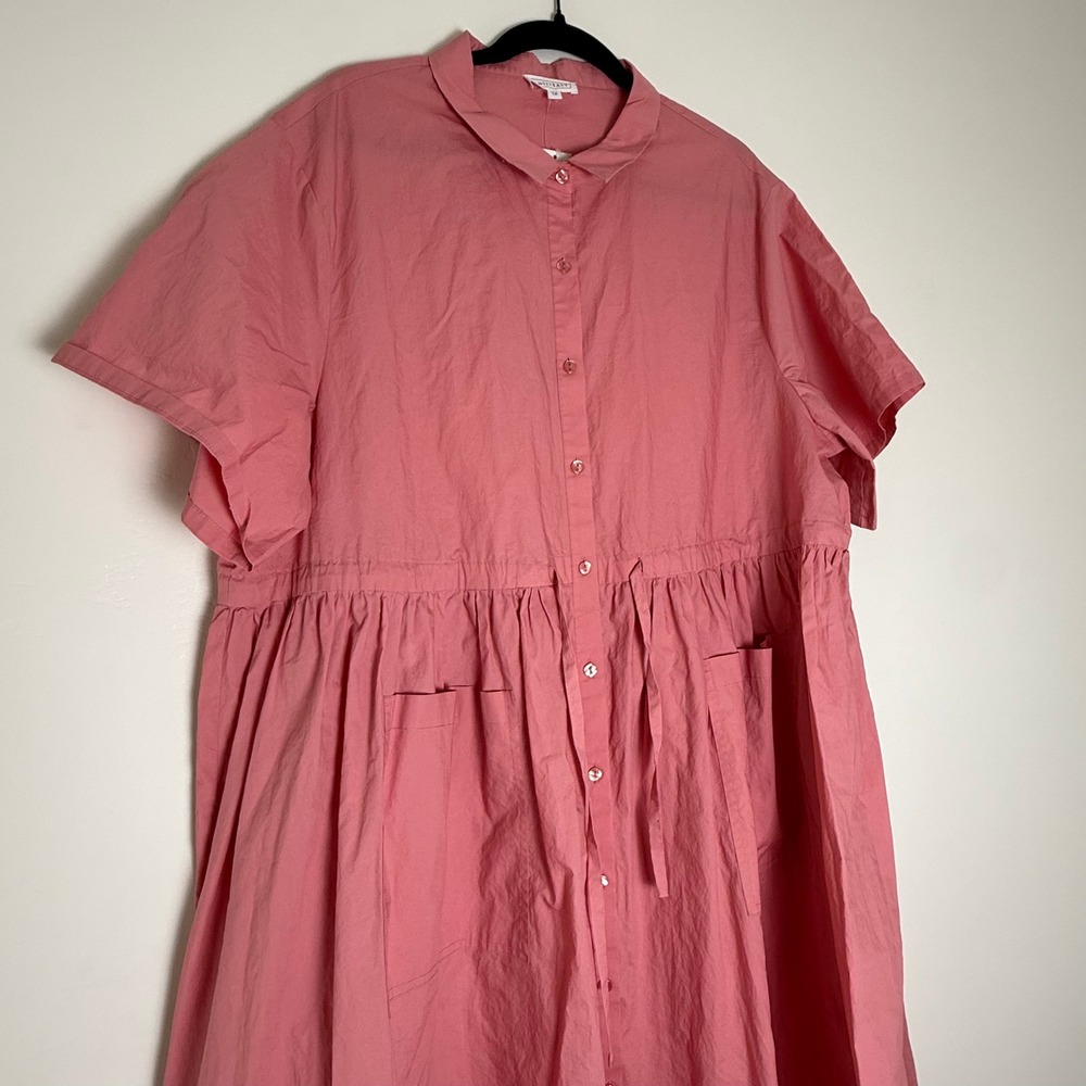 SweetSalt Linden Dress Pink Cotton Button Down Drawstring Waist 1X New